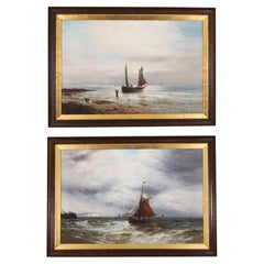 Antique Pair Oil On Canvas Seascape Paintings Gustave De Bréanski 19th Century