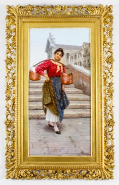 Antique Pair Oil on Canvas Venetian Market Paintings by Luigi Pastega 19th C
