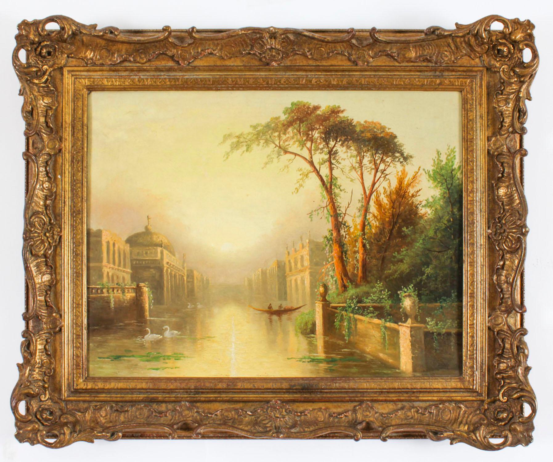 Une belle paire de peintures à l'huile sur toile de scènes vénitiennes par James Salt (1850 -1903), et datant d'environ 1880.

Les peintures présentent des scènes vénitiennes animées du Grand Canal, avec des gondoles et des cygnes sur fond de palais