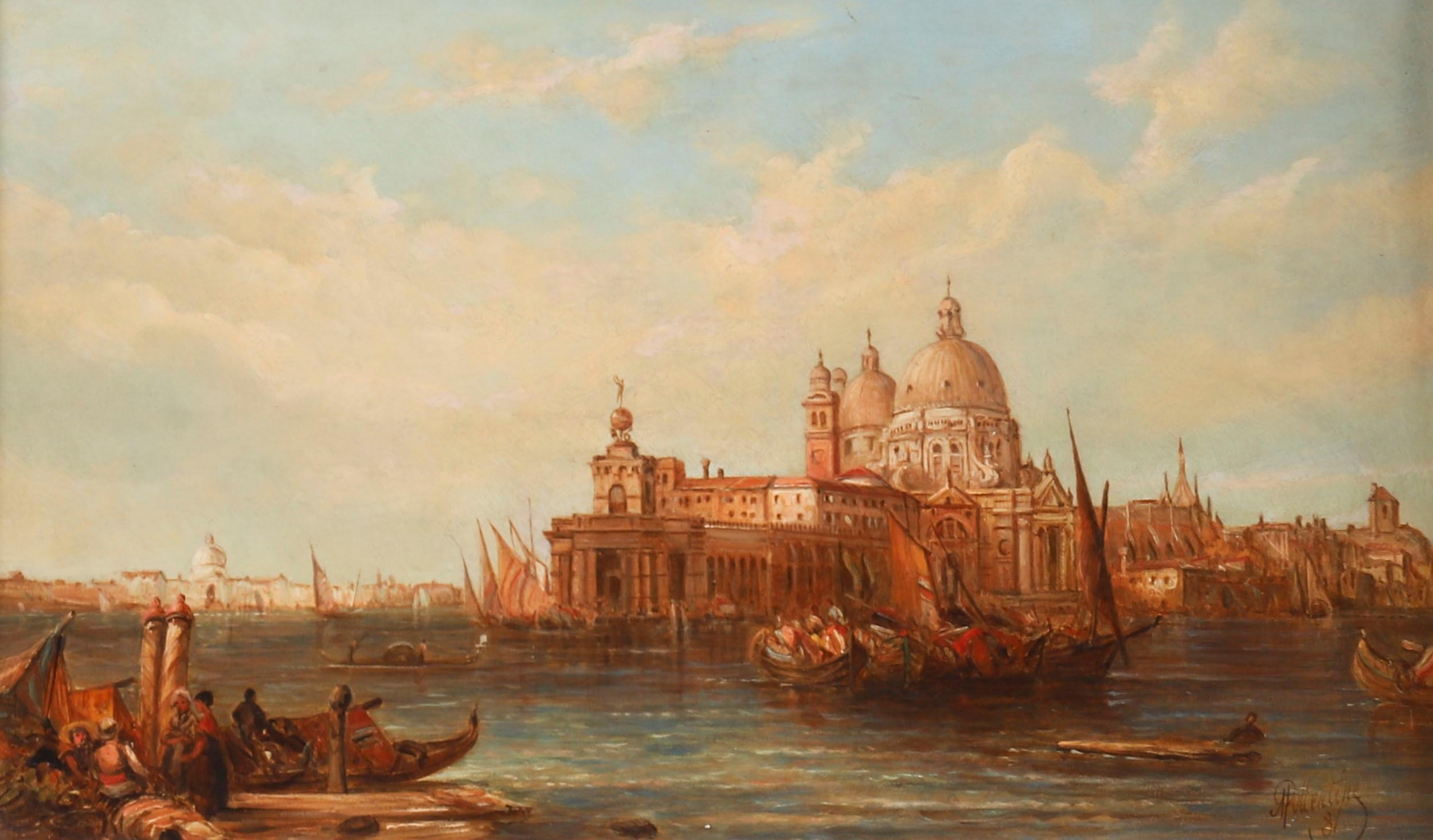 Antique Pair Oil Paintings Doges Palace & Dogana Venice 19th Century For Sale 6