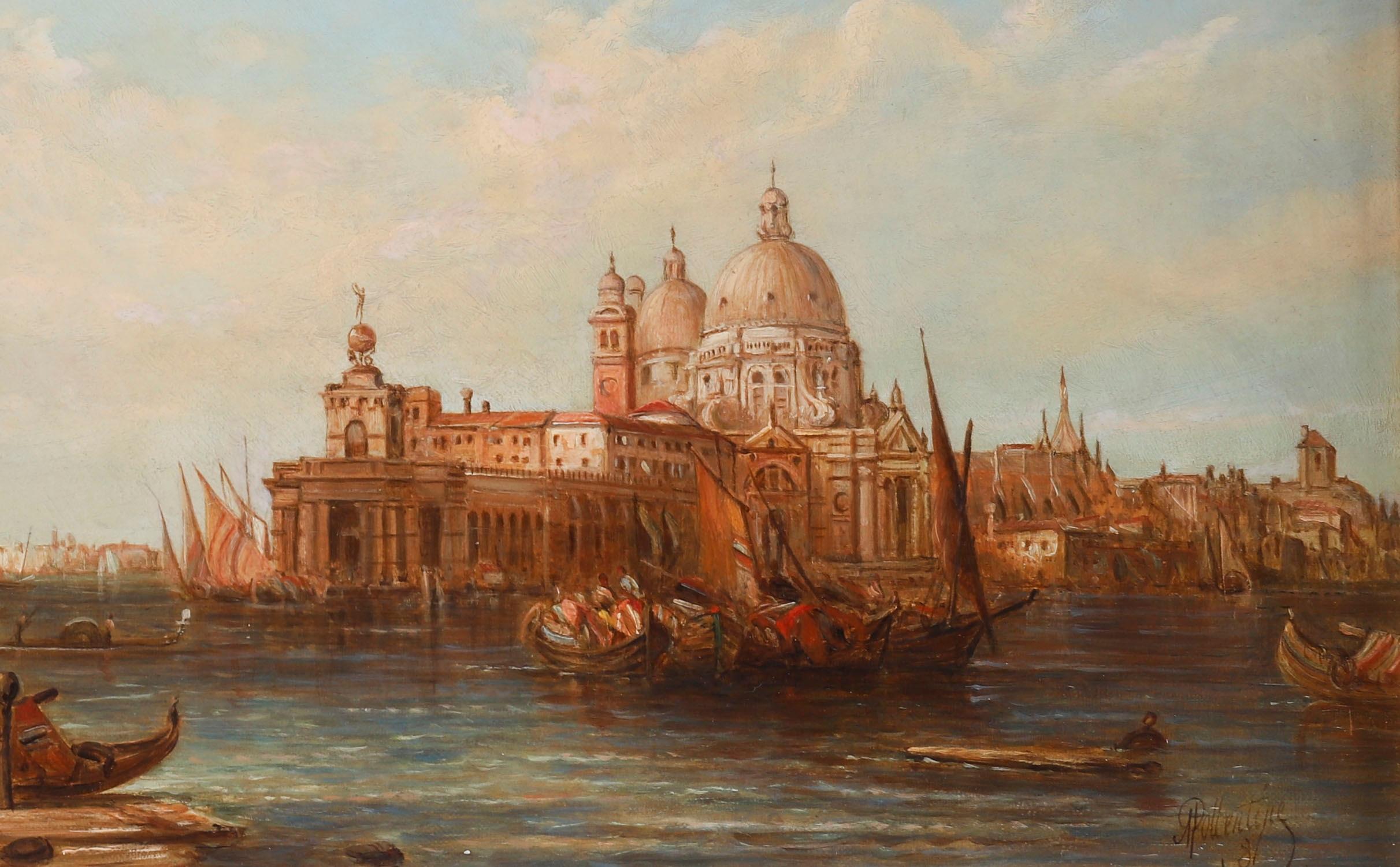 Antique Pair Oil Paintings Doges Palace & Dogana Venice 19th Century For Sale 10