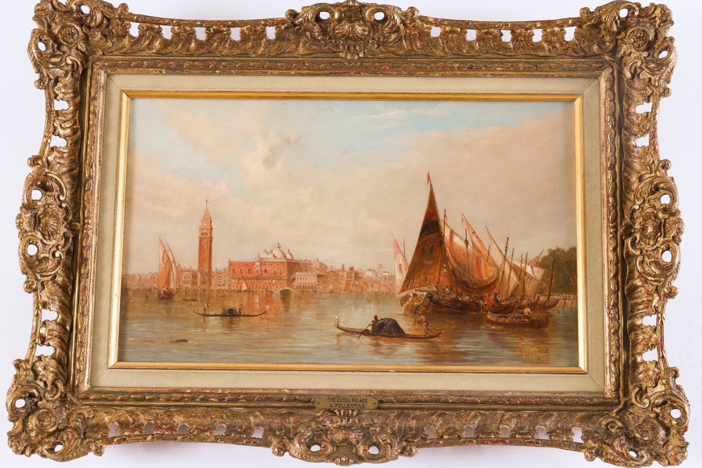 This is a beautiful antique pair of oil on canvas paintings of Venice, one showing the view of the Doges Palace and the other the view of The Dogana, by the renowned British artist Alfred Pollentine (1836-1890). Each is signed to canvas lower right,