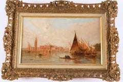 Paire de peintures à l'huile antiques Palais des Doges et Dogana Venise 19ème siècle