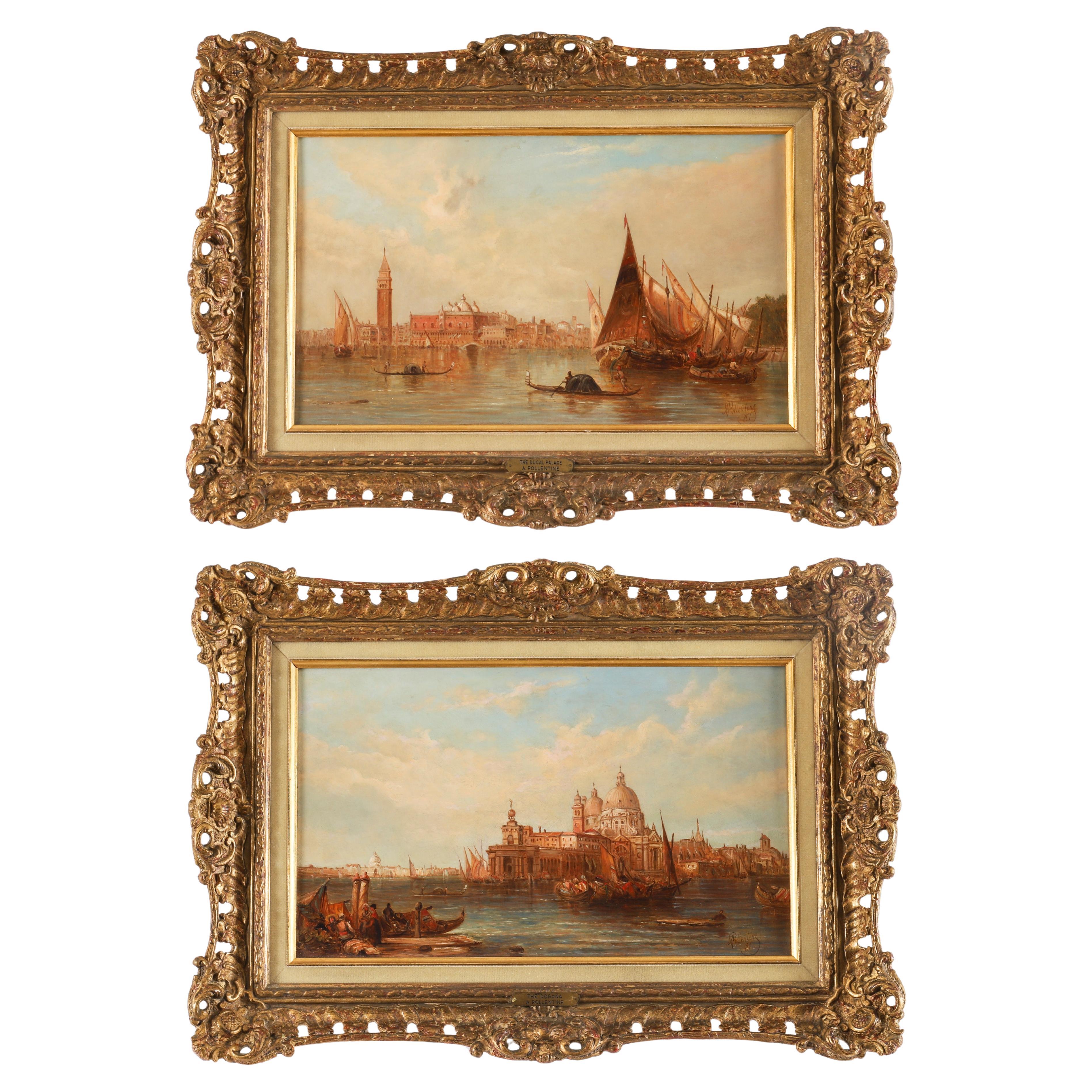 Antique Pair Oil Paintings Doges Palace & Dogana Venice 19th Century For Sale