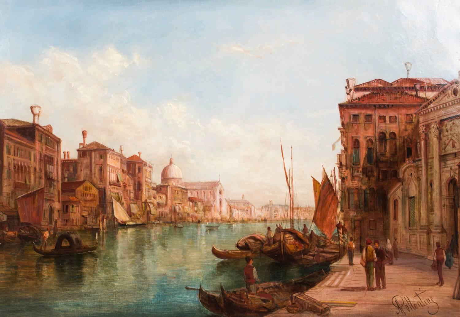 Paire de peintures à l'huile anciennes Grand Canal Venise Alfred Pollentine, 19ème siècle en vente 5