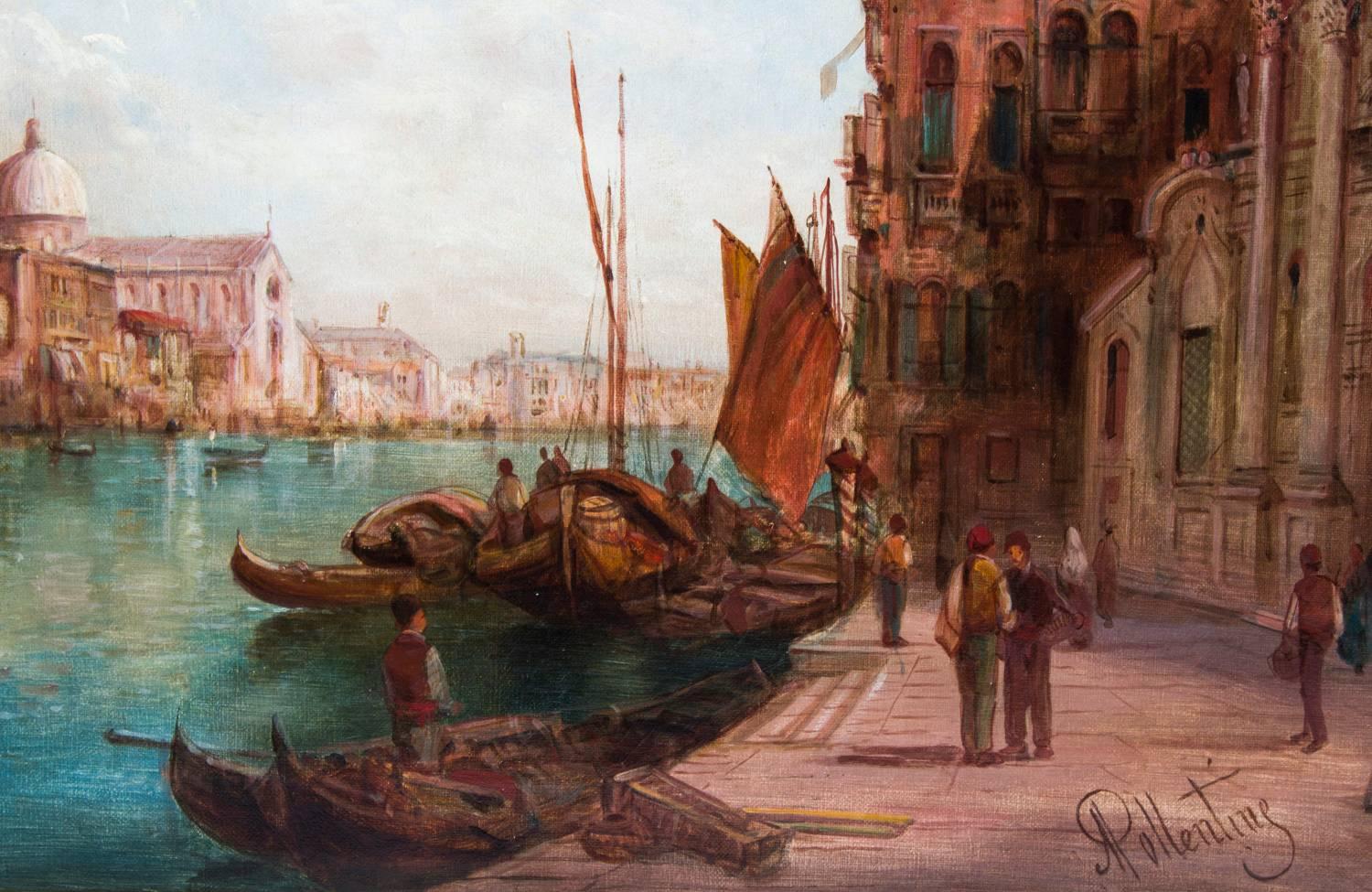 Antique Pair Oil Paintings Grand Canal Venice Alfred Pollentine, 19th Century For Sale 8