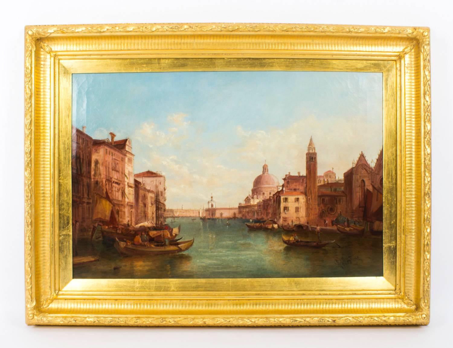 Il s'agit d'une belle paire de peintures à l'huile sur toile représentant la vue du Grand Canal de Venise par le célèbre artiste britannique Alfred Pollentine (1836-1890). Chaque peinture est signée en bas à droite 