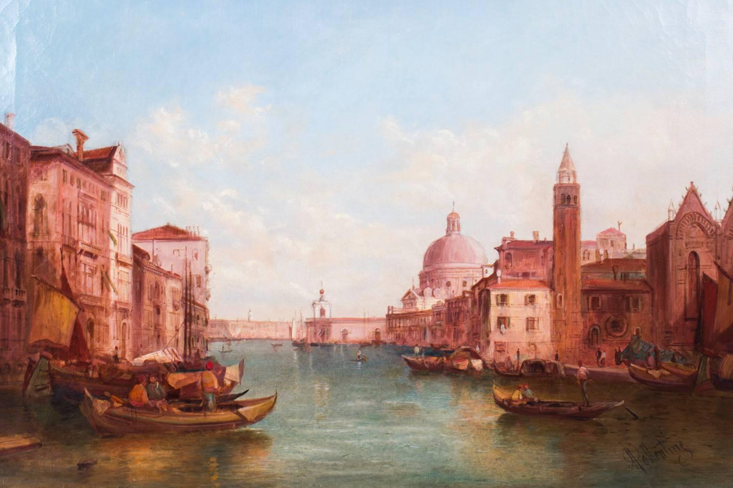 British Antique Pair Oil Paintings Grand Canal Venice Alfred Pollentine, 19th Century For Sale