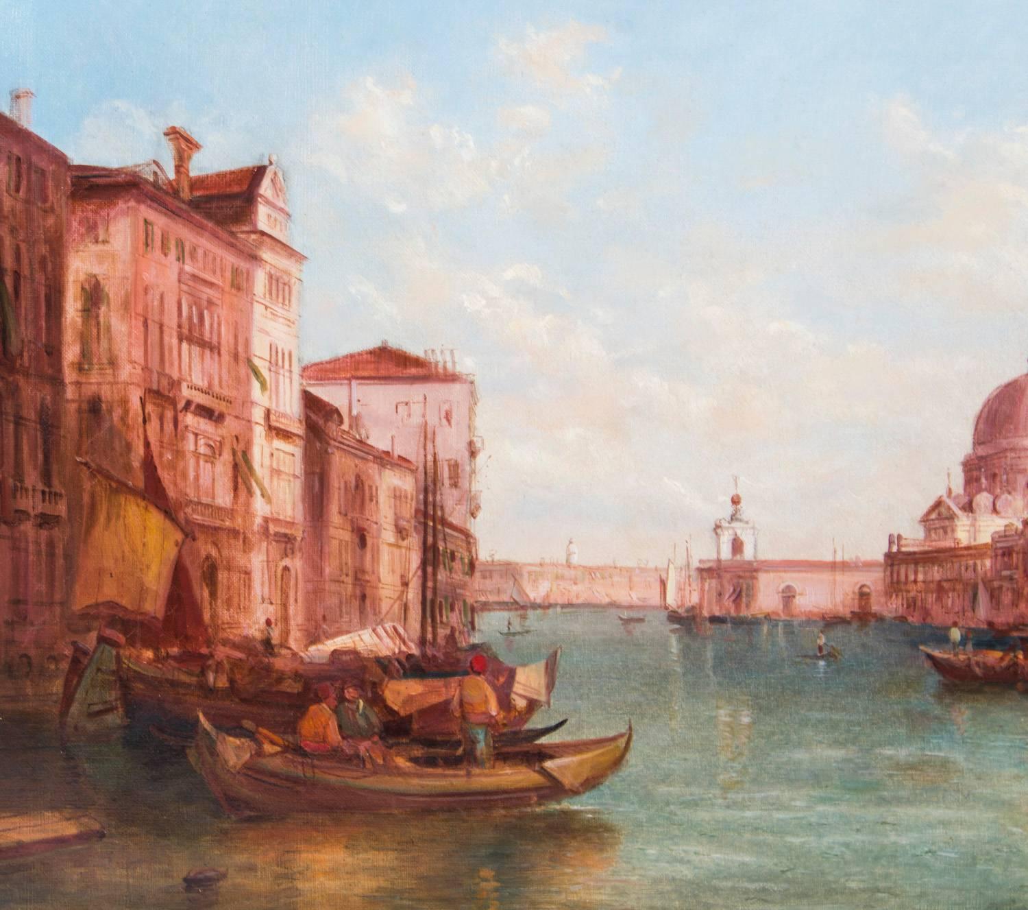 Antikes Paar Ölgemälde Grand Canal Venedig Alfred Pollentine, 19. Jahrhundert (Vergoldet) im Angebot