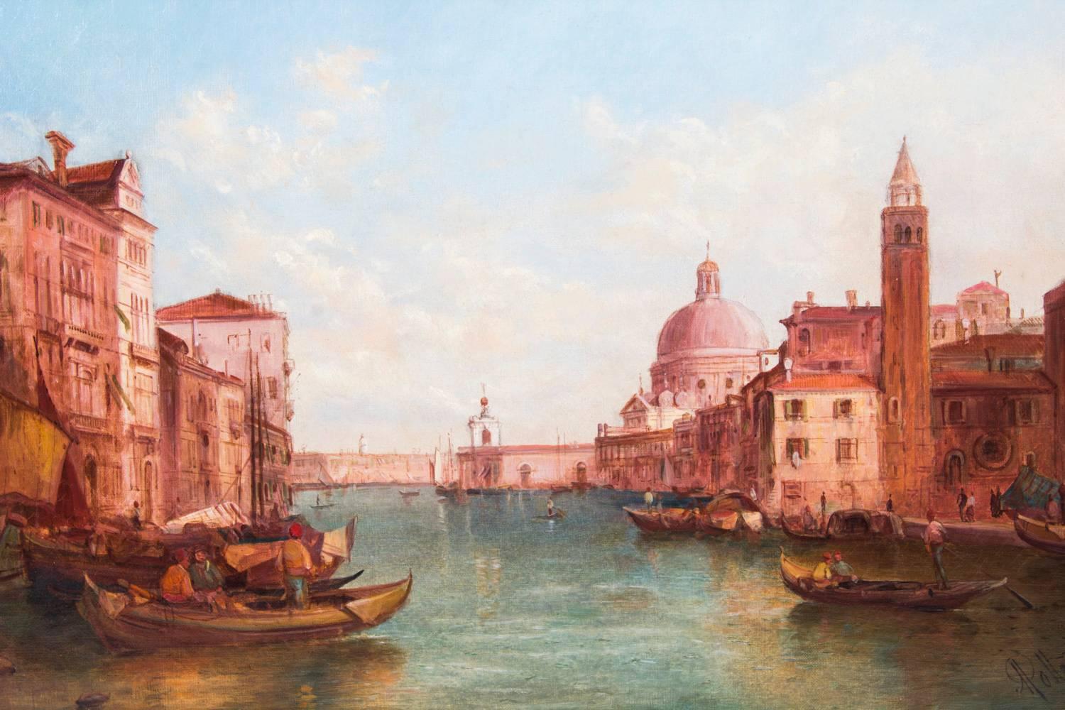 Fin du XIXe siècle Paire de peintures à l'huile anciennes Grand Canal Venise Alfred Pollentine, 19ème siècle en vente