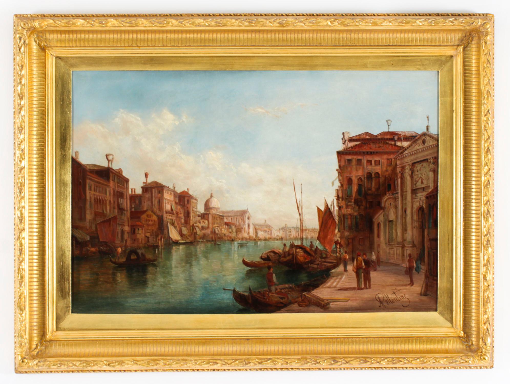This is a beautiful pair of oil on canvas paintings showing the view of the Grand Canal in Venice, by the renowned British artist Alfred Pollentine (1836-1890). Each is signed lower right 