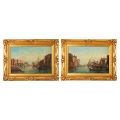 Antica coppia di dipinti a olio Canal Grande Venezia Alfred Pollentine XIX secolo