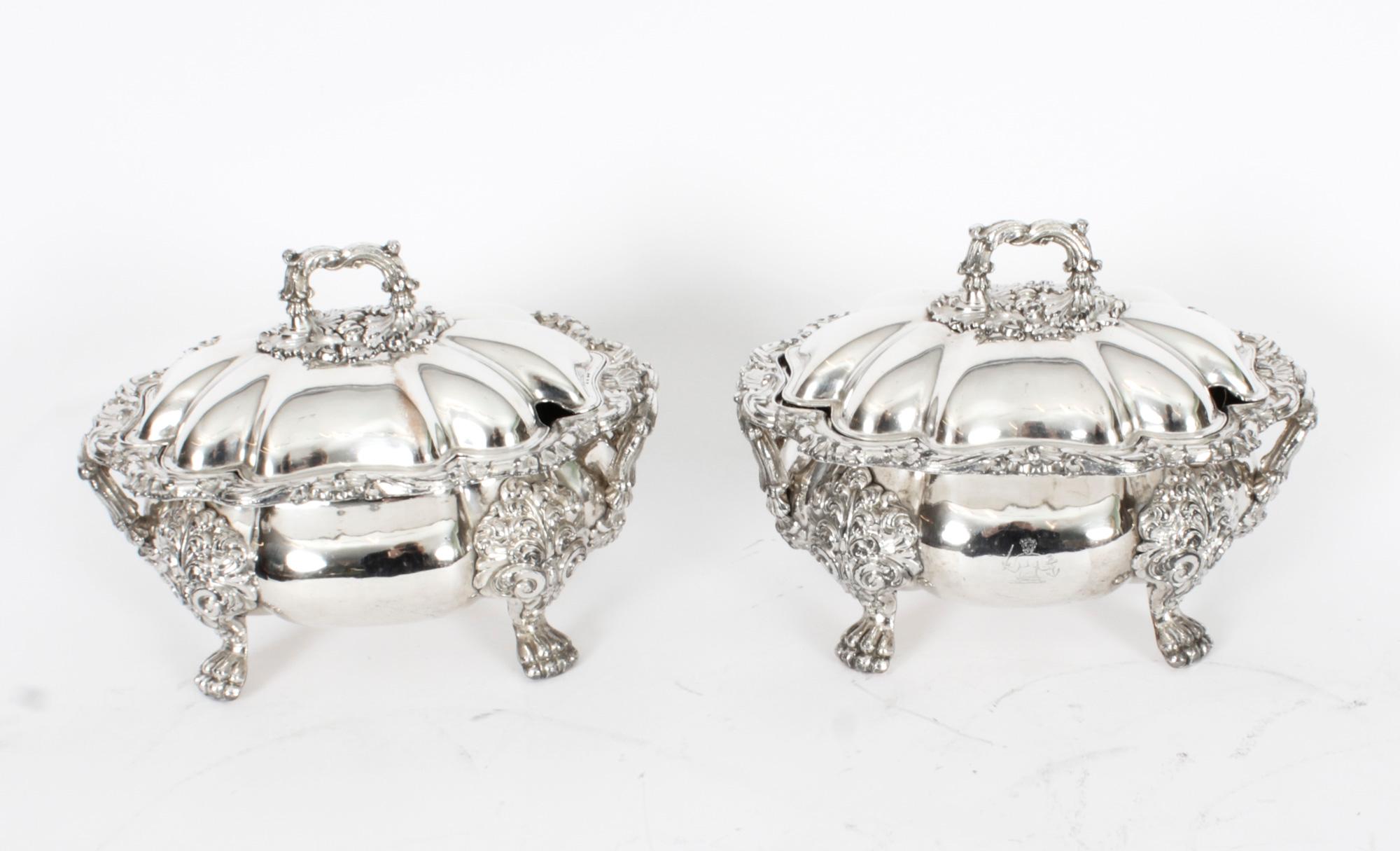 This is an exquisite and rare antique pair of English Old Sheffield Plate, silver plated sauce tureens and covers, Circa 1820 in date.
 
 A truly exquisite pair that would make a fine addition to any antique collection.
 
Condition:
In