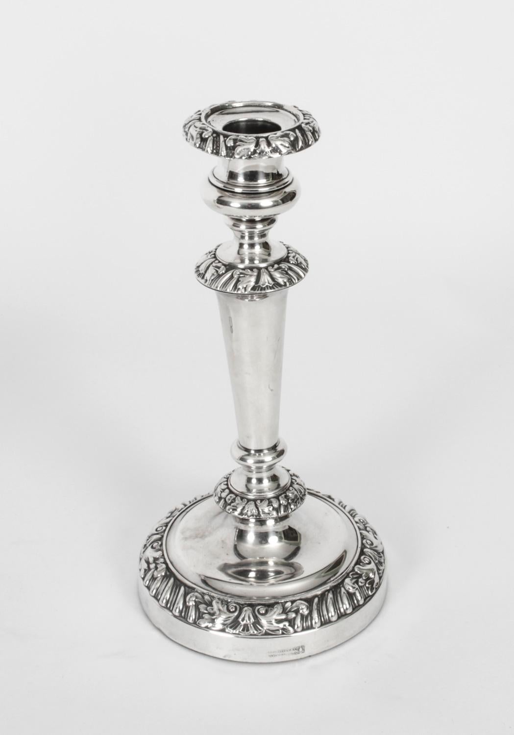 English Antique Pair of Old Sheffield Silver Plated Candlesticks, Circa 1820 19th C