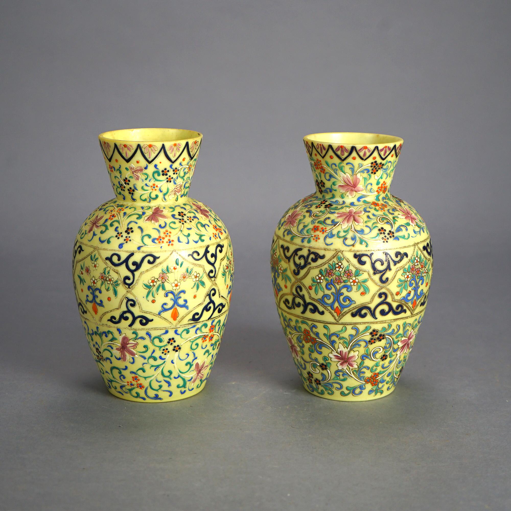 Antique Pair Opaline Enamel Decorated Art Glass Vases with Floral & Scroll C1900 For Sale 5