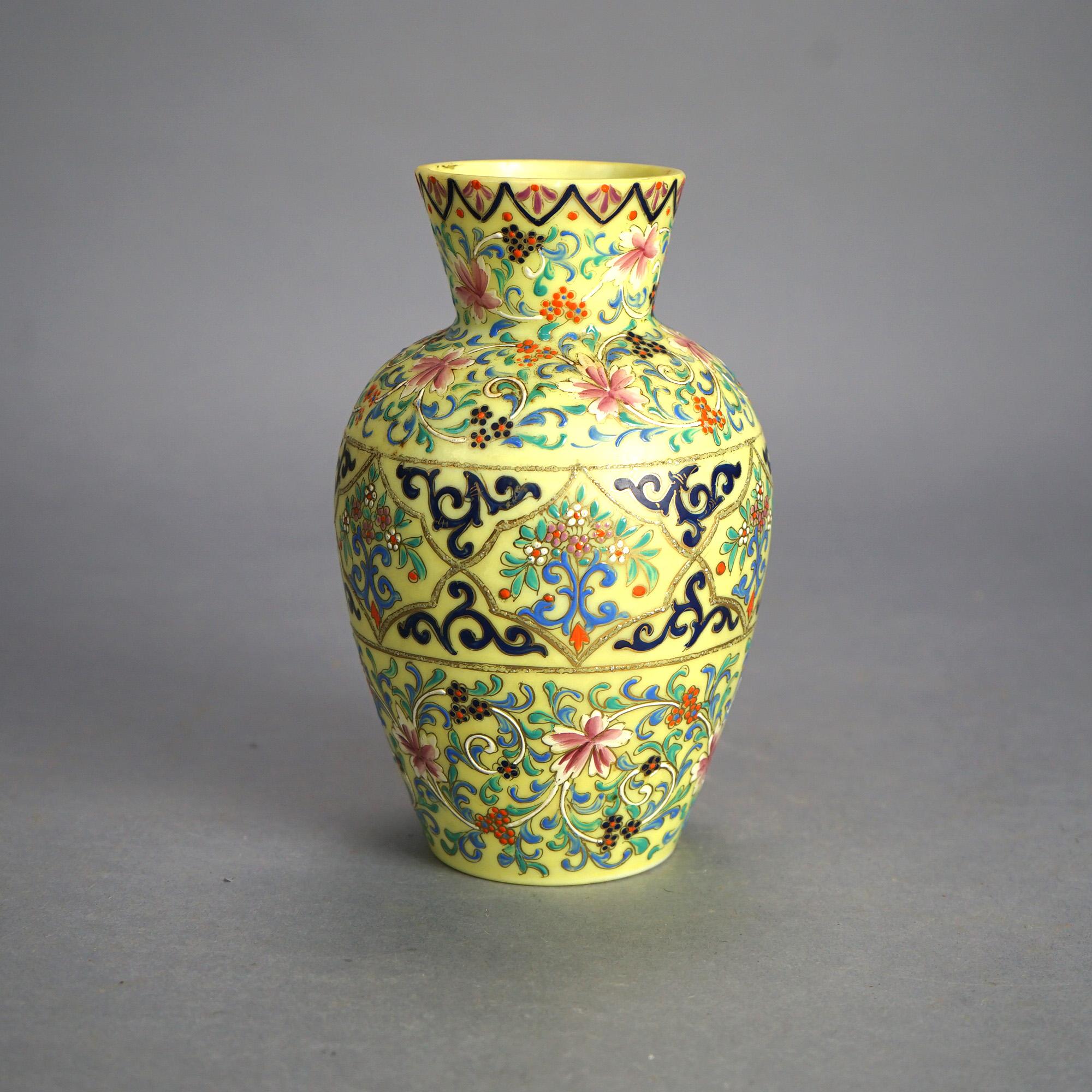 20ième siècle Ancienne paire de vases en verre d'art décorés d'émail opalin avec fleurs et volutes C1900 en vente