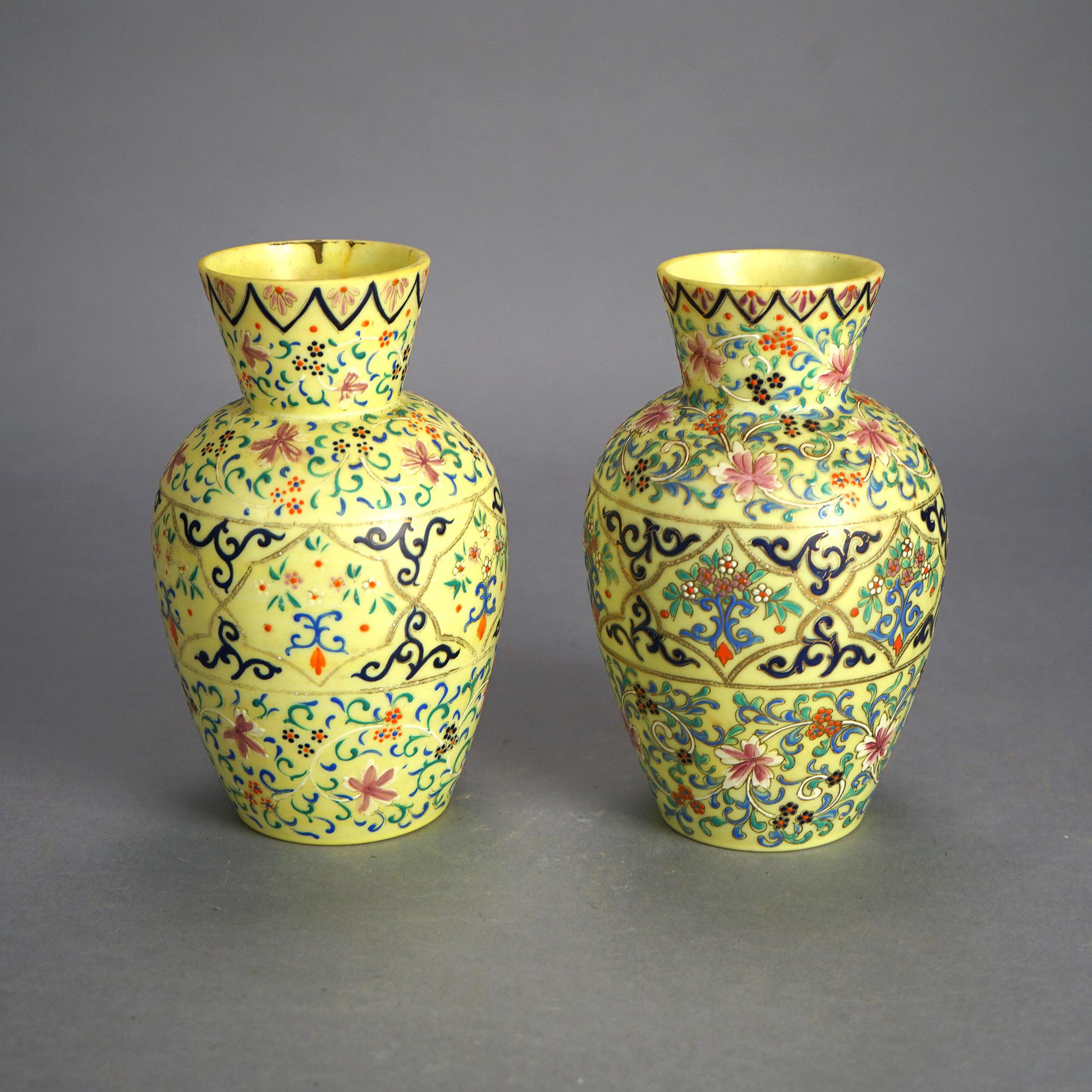 Antique Pair Opaline Enamel Decorated Art Glass Vases with Floral & Scroll C1900 For Sale 4