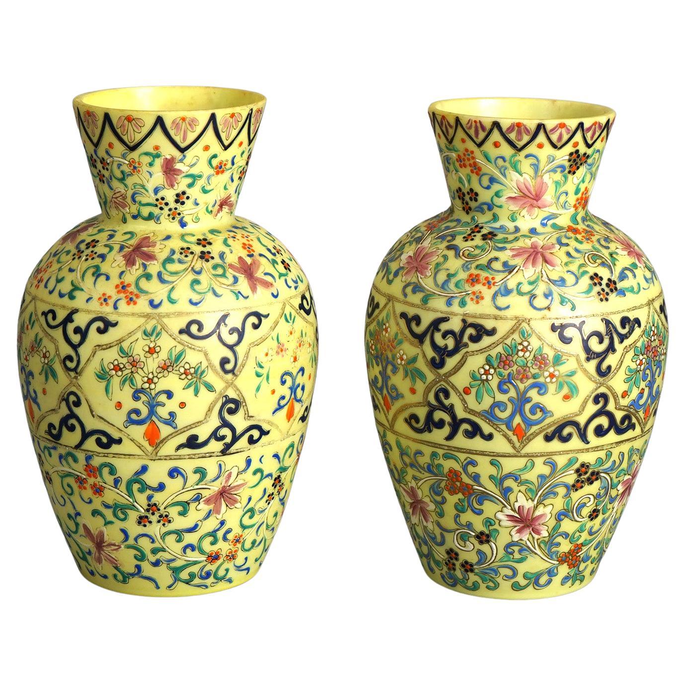 Antique Pair Opaline Enamel Decorated Art Glass Vases with Floral & Scroll C1900 For Sale