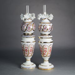 Antique Pair Opaline Floral Enameled Hand Painted Lamps With Handkerchief Shades