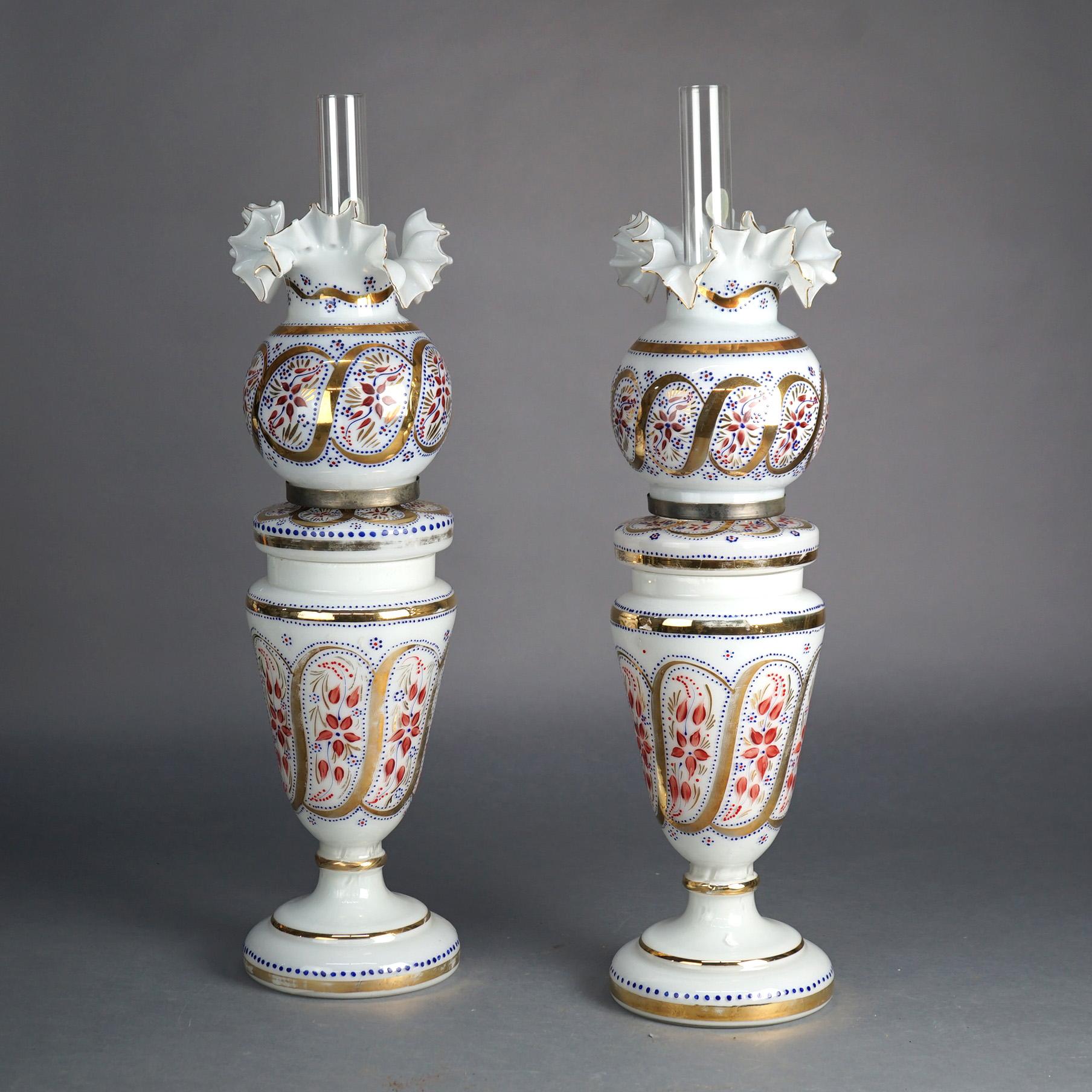 Antique Pair Opaline Floral Enameled Hand Painted Lamps With Handkerchief Shades In Good Condition For Sale In Big Flats, NY
