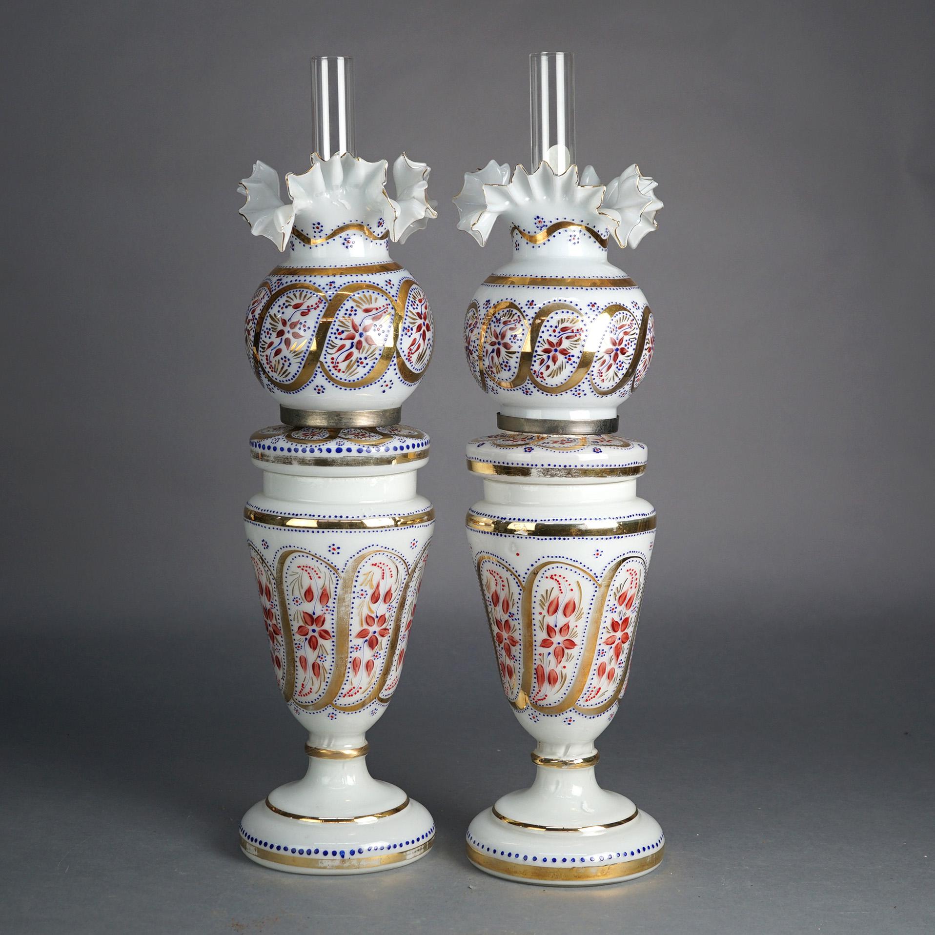 19th Century Antique Pair Opaline Floral Enameled Hand Painted Lamps With Handkerchief Shades For Sale