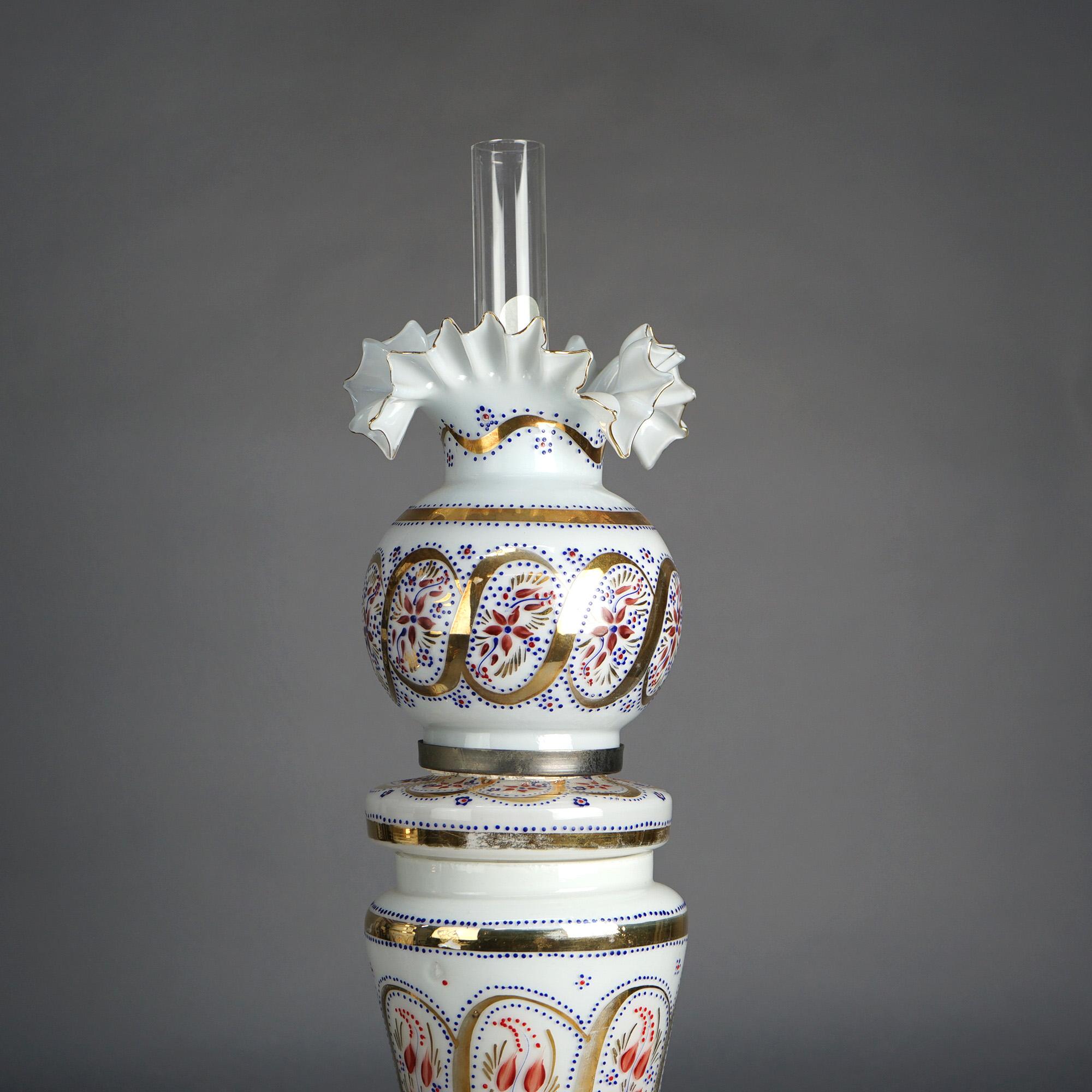 XIXe siècle Ancienne paire de lampes opalin émaillé à la main peintes à la main avec abat-jour mouchoir en vente