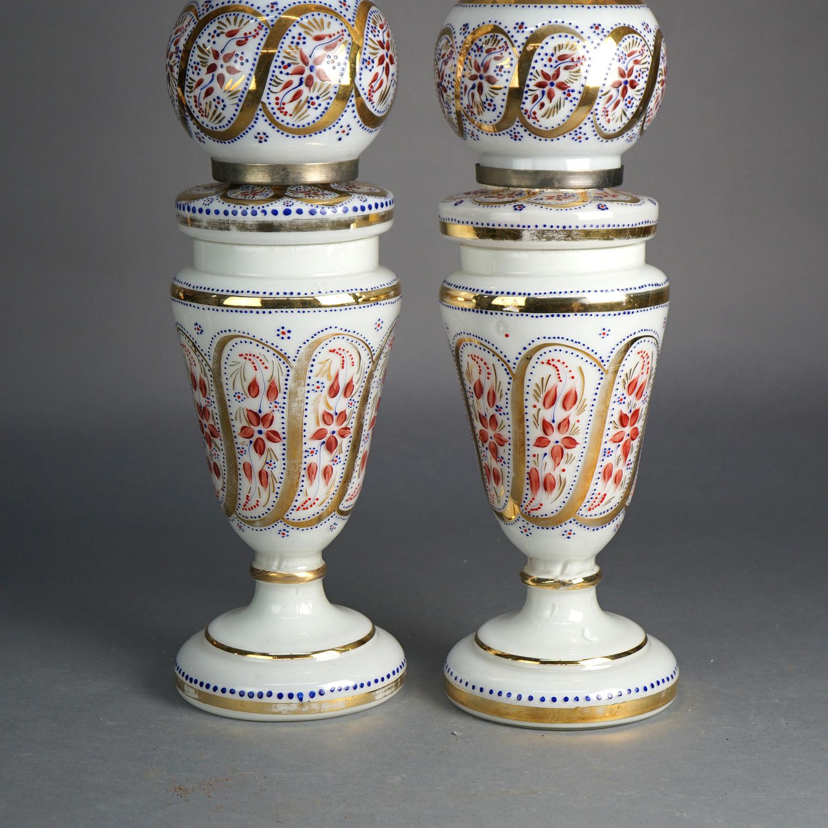 Antique Pair Opaline Floral Enameled Hand Painted Lamps With Handkerchief Shades For Sale 3