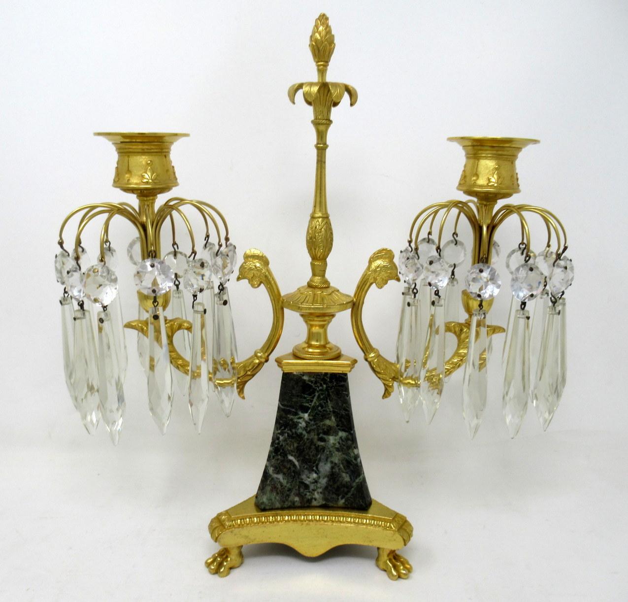 Louis XV Antique Ormolu Bronze Marble Crystal Twin Branch Candelabra French Luster, Pair
