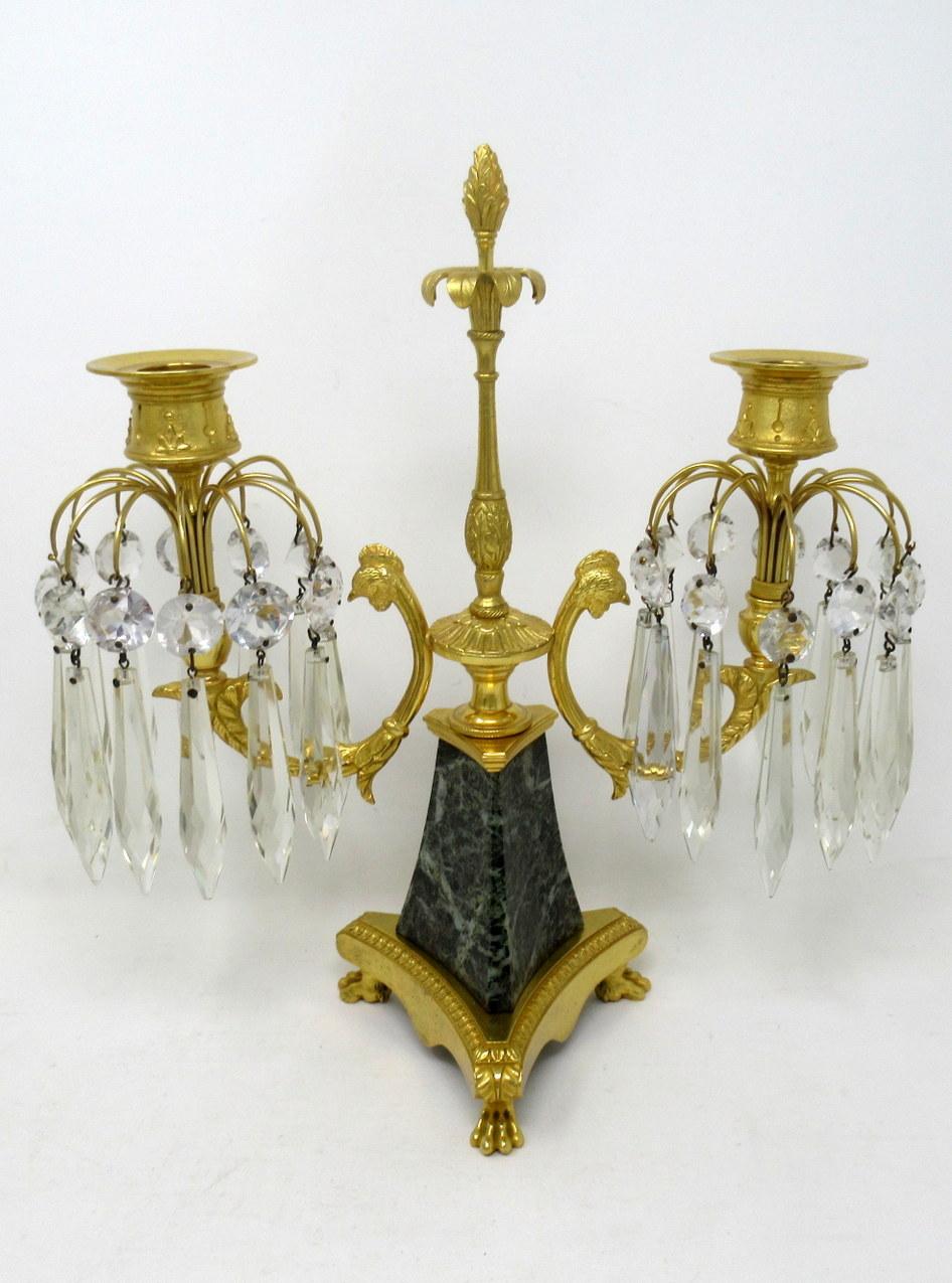 Antique Ormolu Bronze Marble Crystal Twin Branch Candelabra French Luster, Pair In Good Condition In Dublin, Ireland