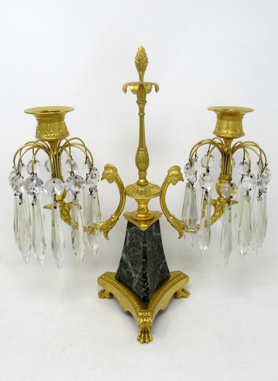 19th Century Antique Ormolu Bronze Marble Crystal Twin Branch Candelabra French Luster, Pair