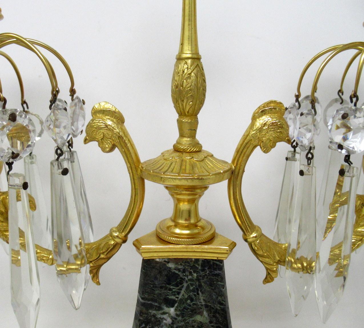 Antique Ormolu Bronze Marble Crystal Twin Branch Candelabra French Luster, Pair 3
