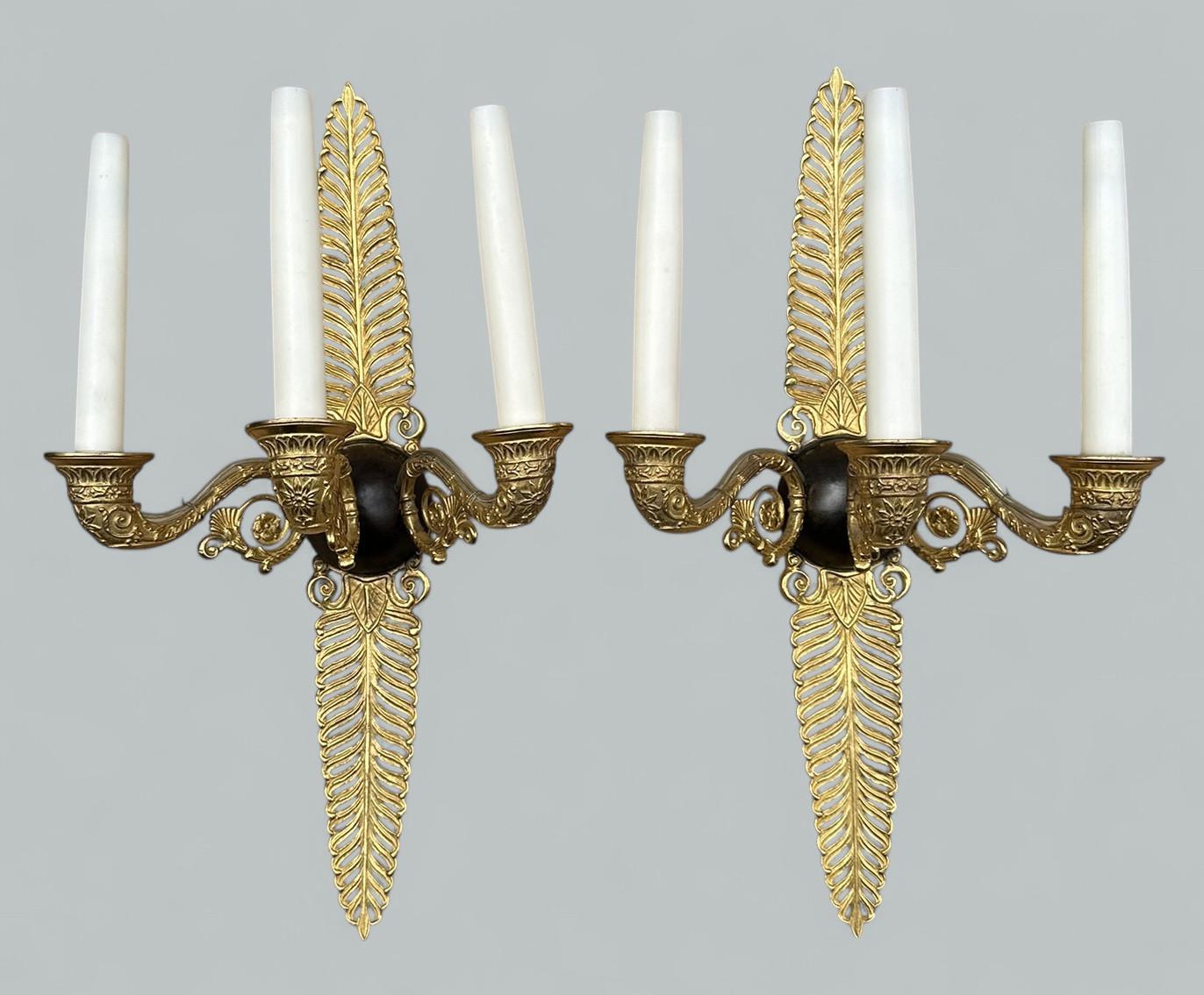 Antique Pair Ormolu Gilt Bronze Treble Light Wall Electric Sconces Appliques 19C For Sale 3
