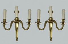 Antique Pair Ormolu Gilt Bronze Treble Light Wall Electric Sconces Appliques 19C