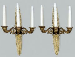 Antique Pair Ormolu Gilt Bronze Treble Light Wall Electric Sconces Appliques 19C