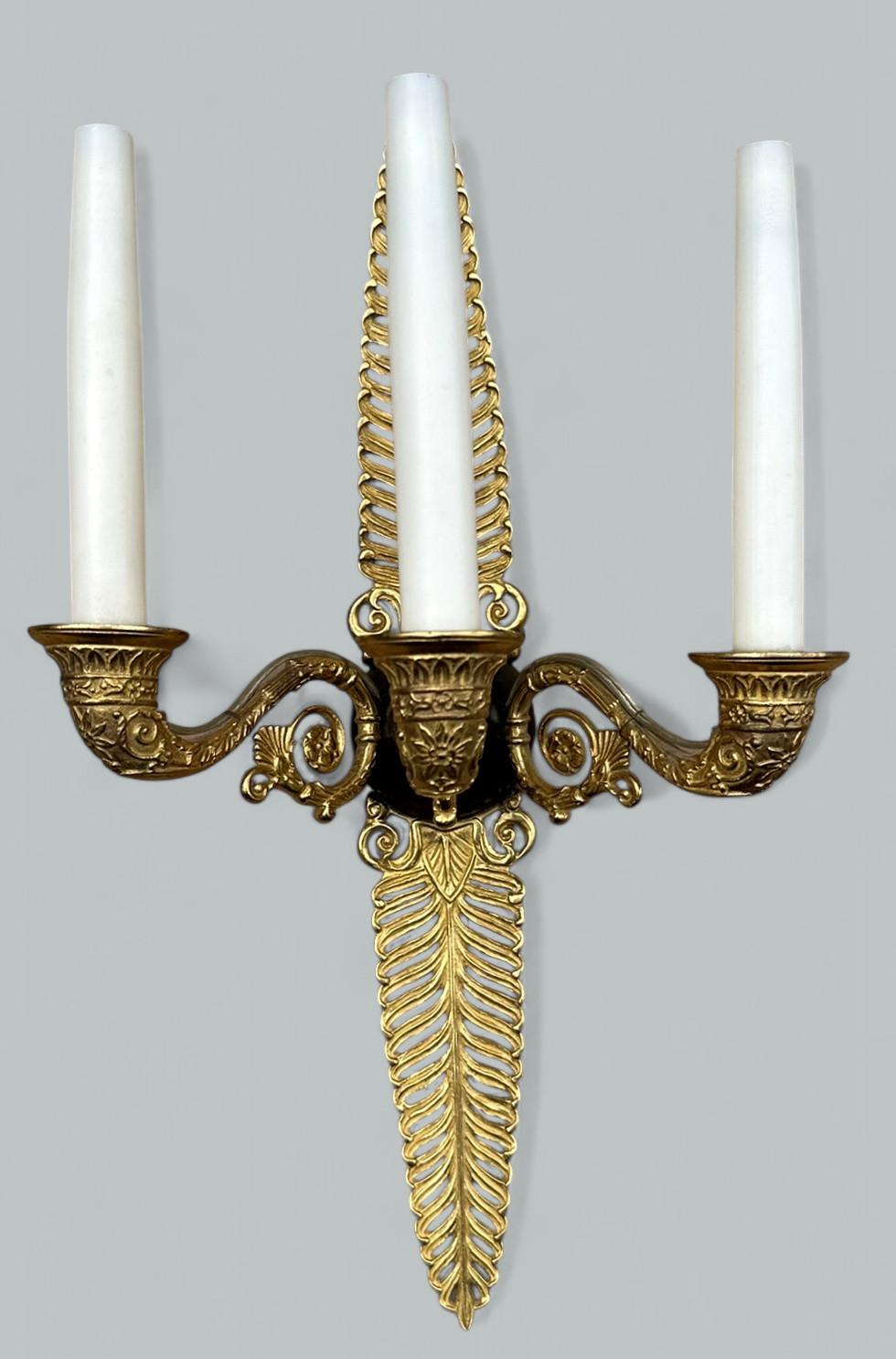 Victorian Antique Pair Ormolu Gilt Bronze Treble Light Wall Electric Sconces Appliques 19C For Sale