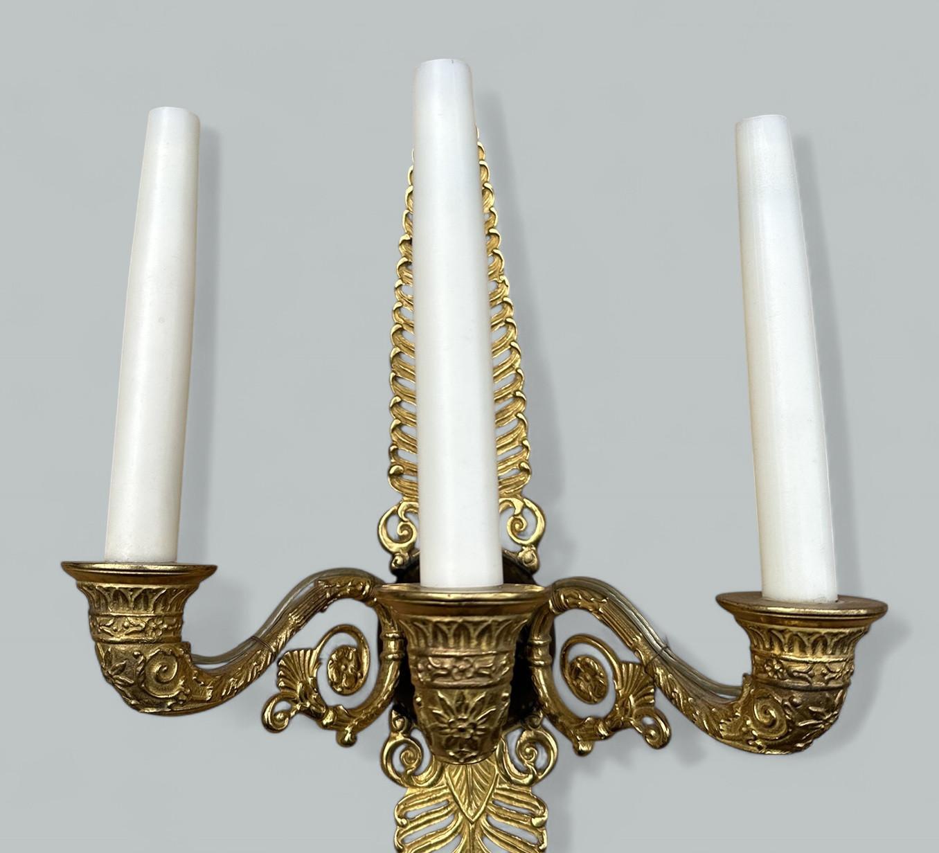 French Antique Pair Ormolu Gilt Bronze Treble Light Wall Electric Sconces Appliques 19C For Sale