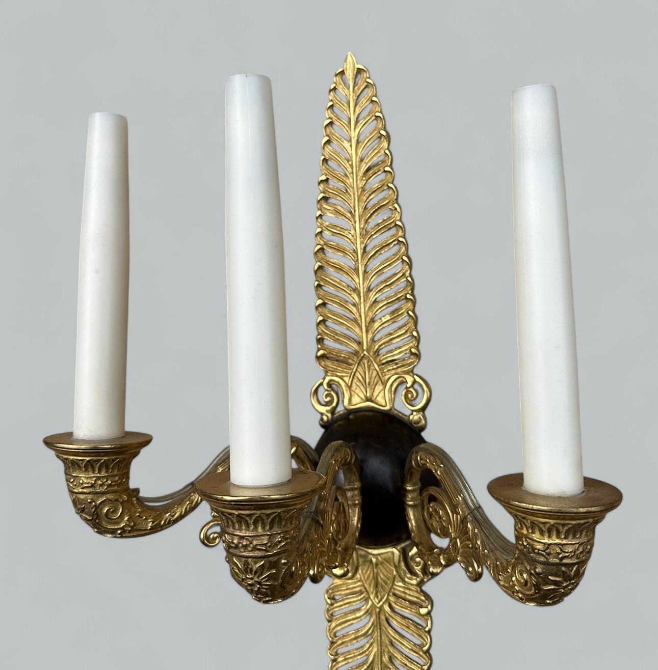 Cast Antique Pair Ormolu Gilt Bronze Treble Light Wall Electric Sconces Appliques 19C For Sale