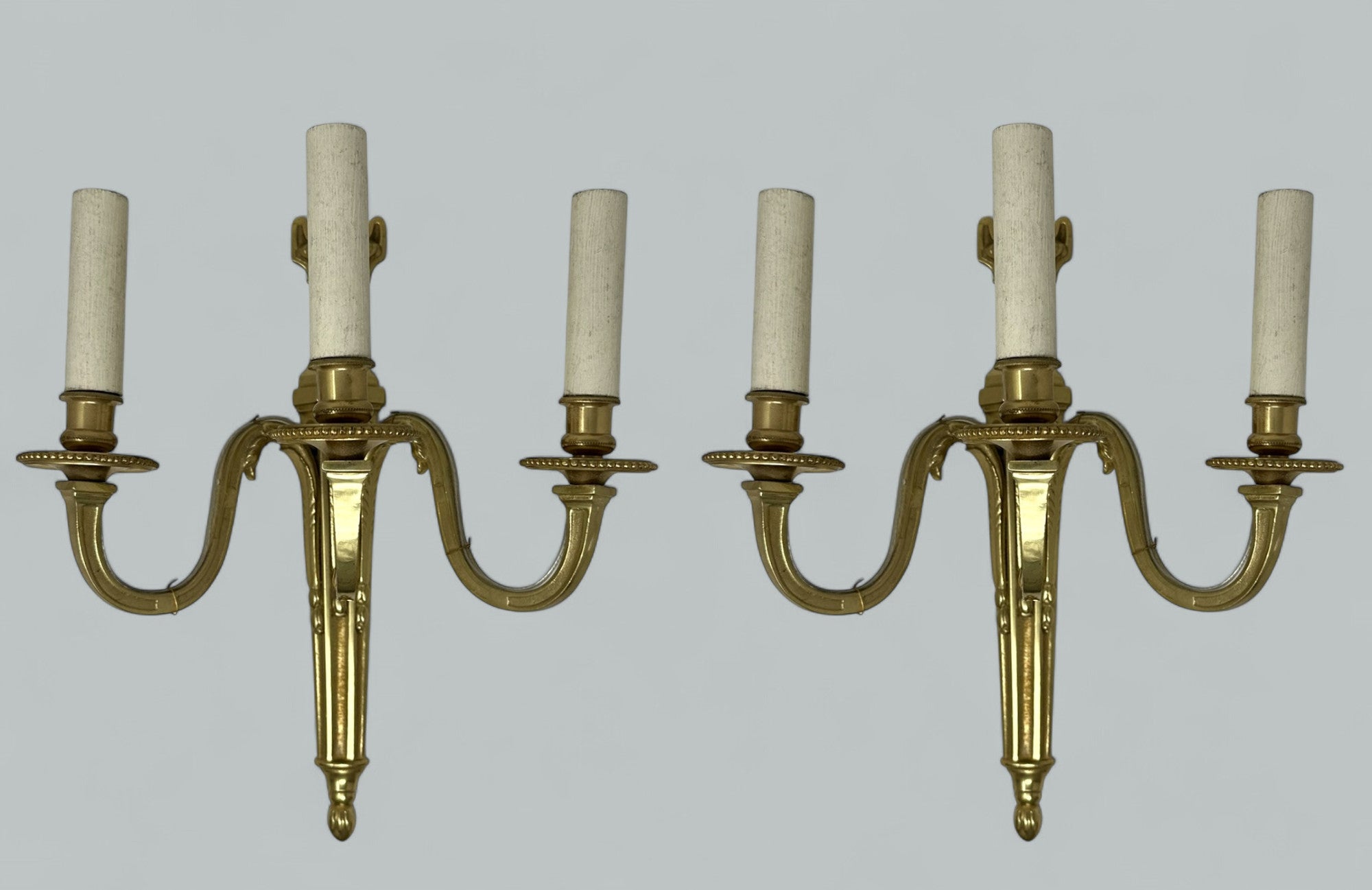 Antique Pair Ormolu Gilt Bronze Treble Light Wall Electric Sconces Appliques 19C