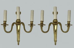 Antique Pair Ormolu Gilt Bronze Treble Light Wall Electric Sconces Appliques 19C