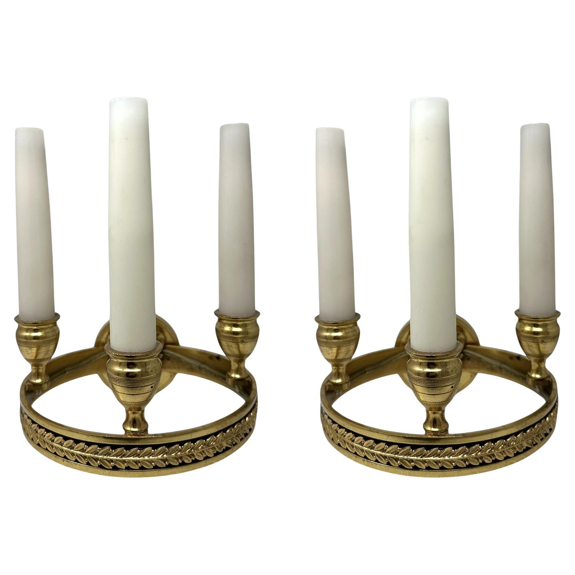 Antique Pair Ormolu Gilt Bronze Treble Light Wall Electric Sconces Appliques 19C For Sale