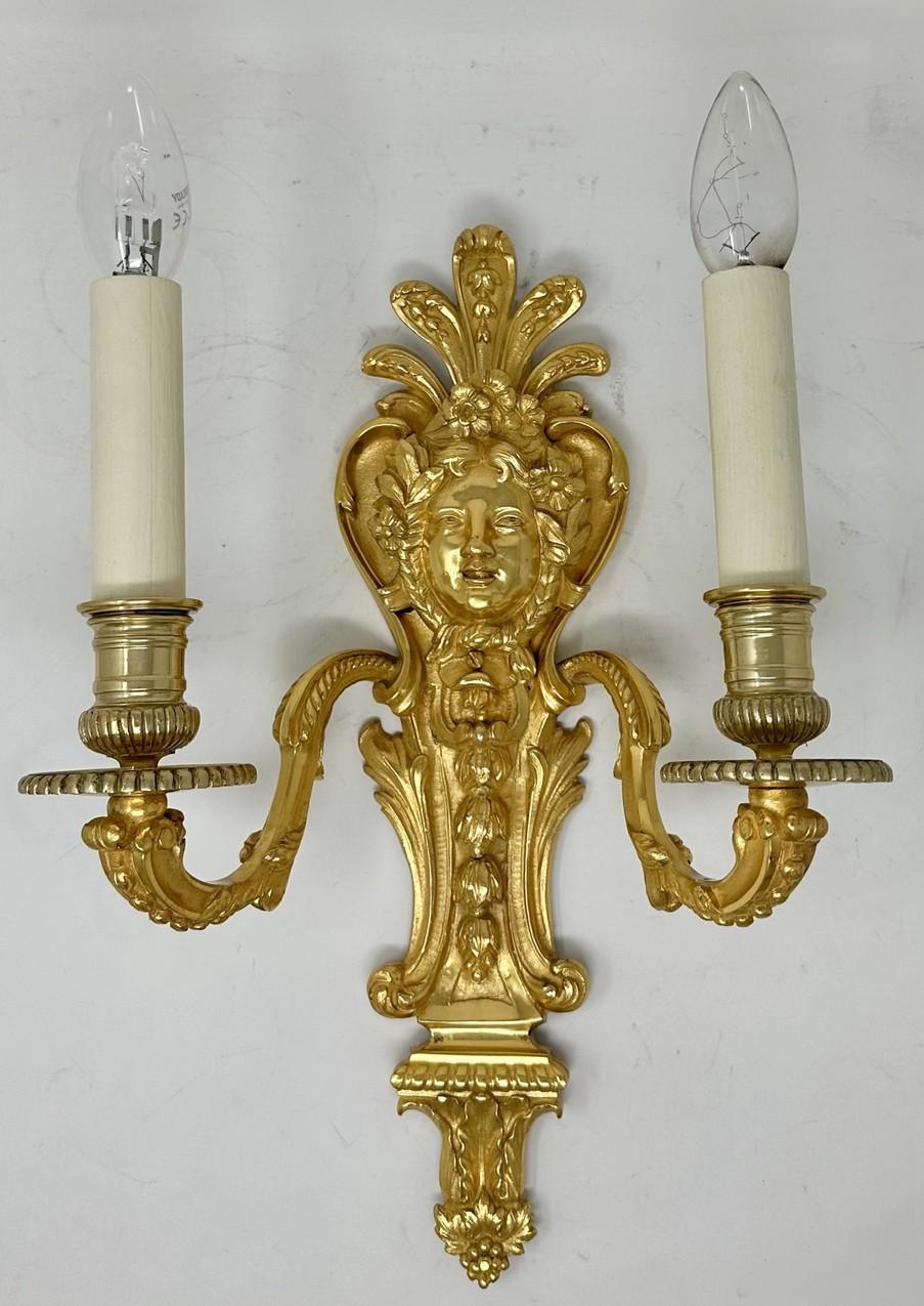 Victorian Antique Pair Ormolu Gilt Bronze Twin Light Wall Candle Sconces Appliques 19th Ct