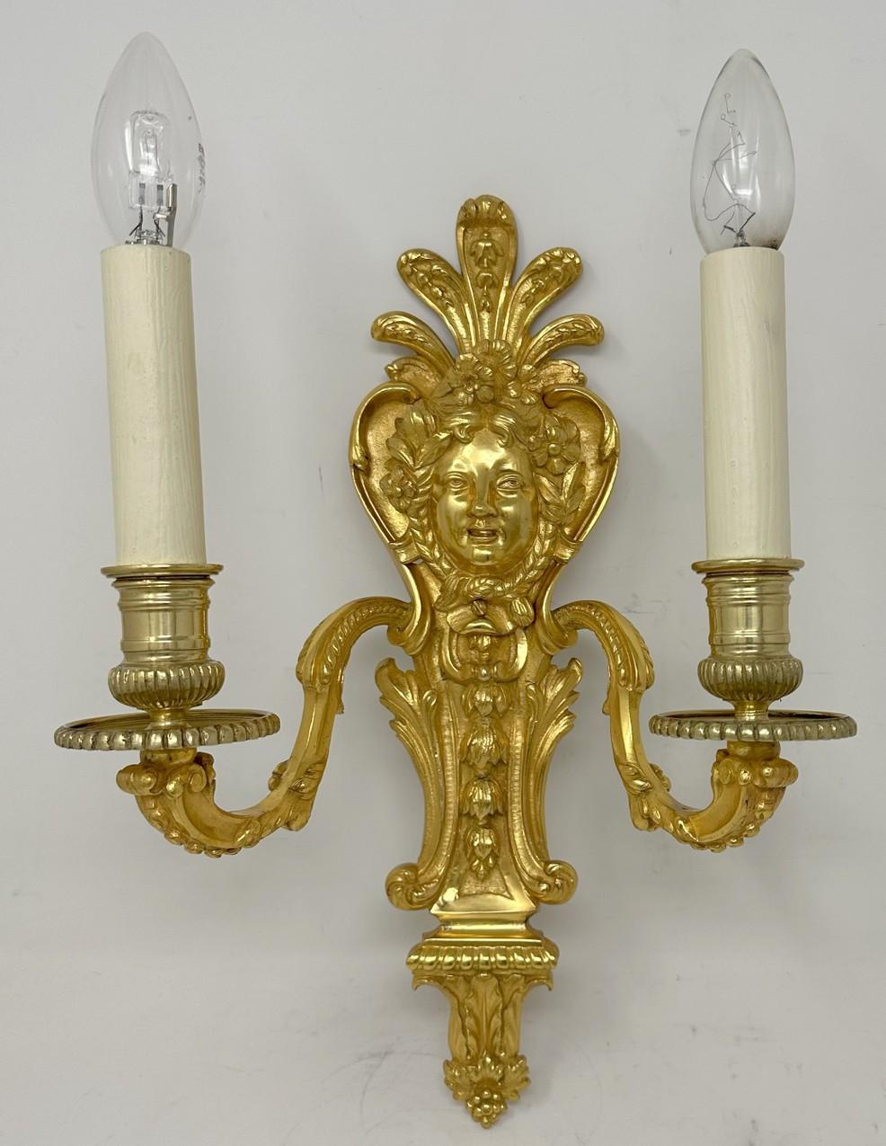 French Antique Pair Ormolu Gilt Bronze Twin Light Wall Candle Sconces Appliques 19th Ct