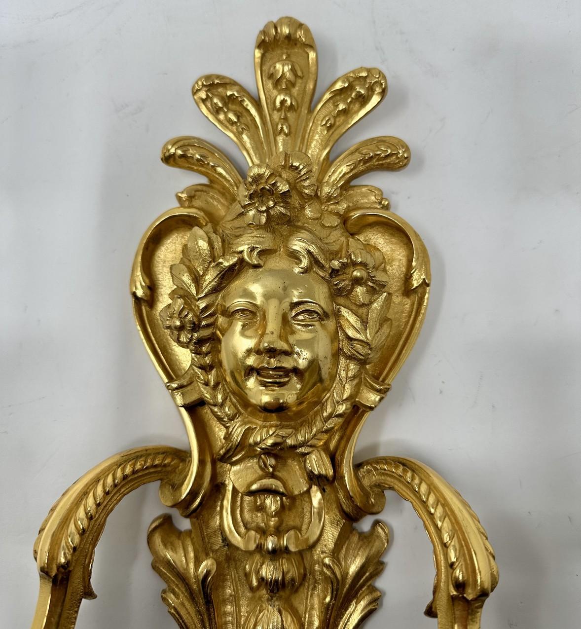 Antique Pair Ormolu Gilt Bronze Twin Light Wall Candle Sconces Appliques 19th Ct In Good Condition In Dublin, Ireland