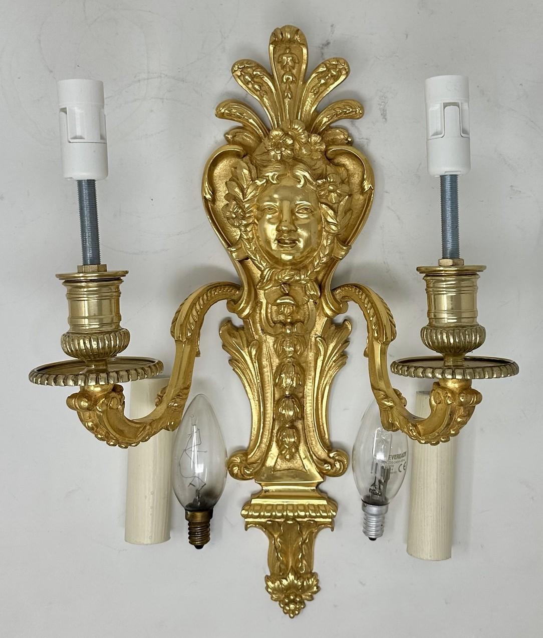 19th Century Antique Pair Ormolu Gilt Bronze Twin Light Wall Candle Sconces Appliques 19th Ct