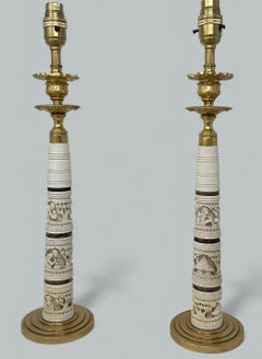 Antique Pair Ormolu Hand Carved Bovine Candlesticks Table Lamps Chinese Japanese