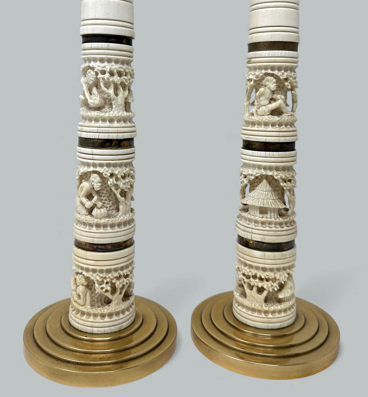 Antike Paar Ormolu Hand geschnitzt Bovine Kerzenhalter Tischlampen Chinesisch Japanisch im Angebot 1