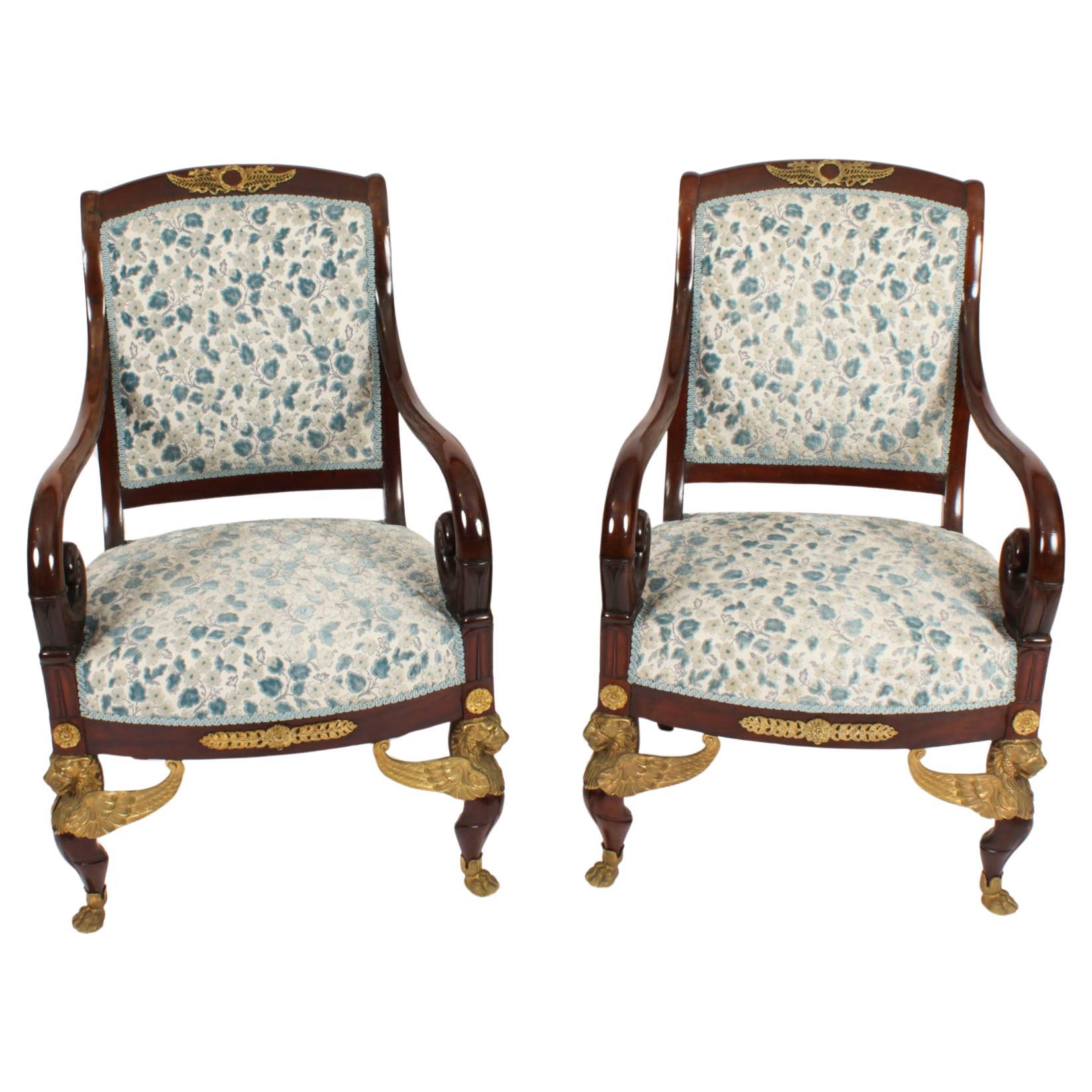 Antique Pair Ormolu Mounted Armchairs Empire Revival 1870s For Sale