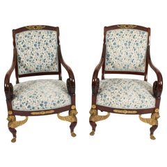 Antique Pair Ormolu Mounted Armchairs Empire Revival 1870s