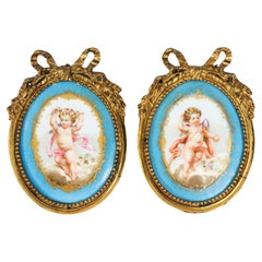 Antique Pair Ormolu Mounted Sevres Porcelain Plaques 19th Century