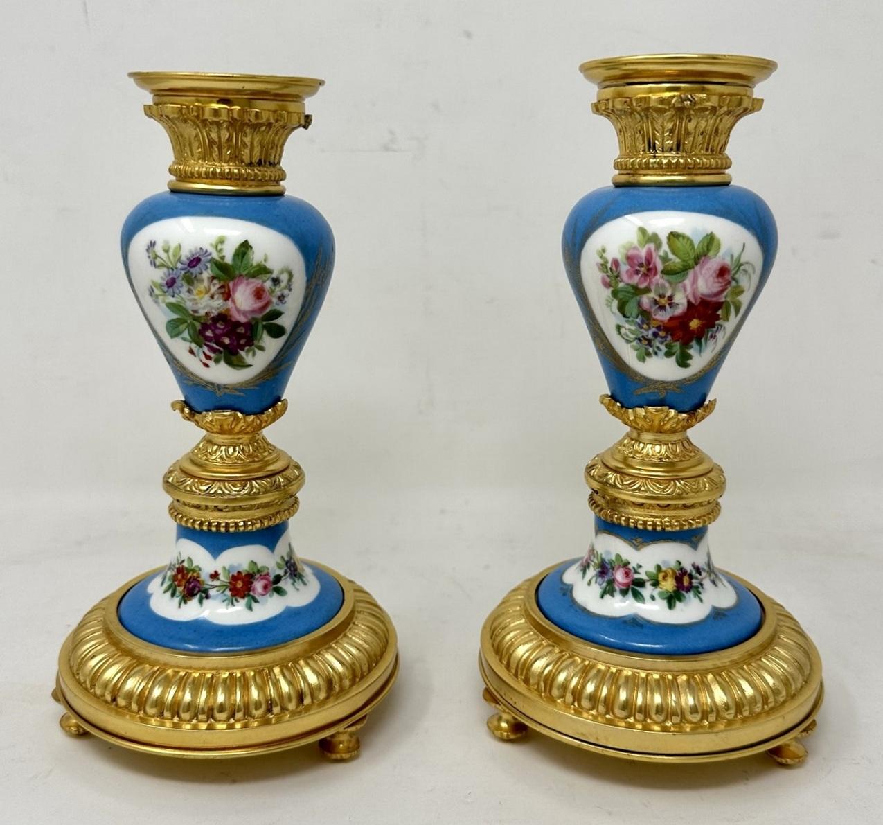 Late Victorian Antique Pair Ormolu Sèvres Porcelain Gilt Bronze Celeste Candlesticks Candelabra